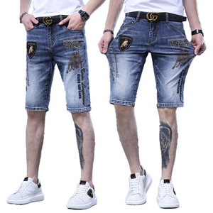 2022 Men's blue embroidered jean shorts street style denim ripped jeans Casual character shorts Taurus texture rhinestone