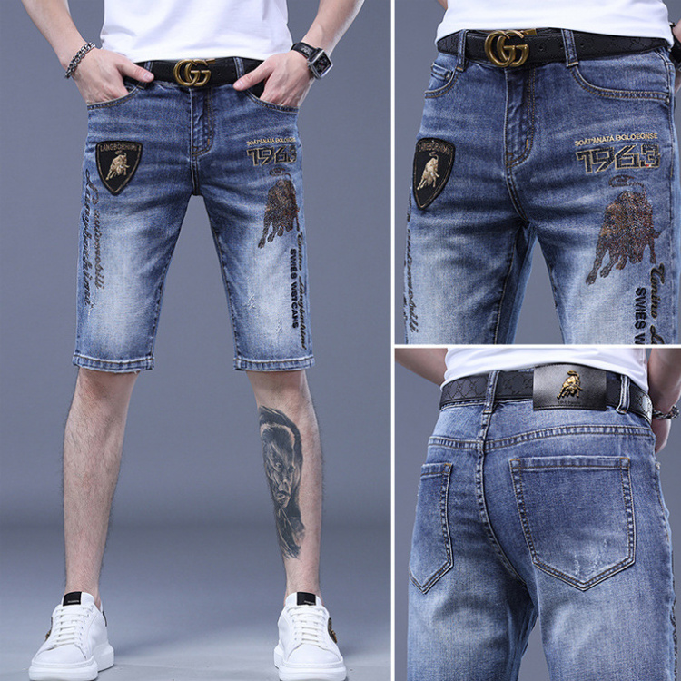 2022 Men's blue embroidered jean shorts street style denim ripped jeans Casual character shorts Taurus texture rhinestone