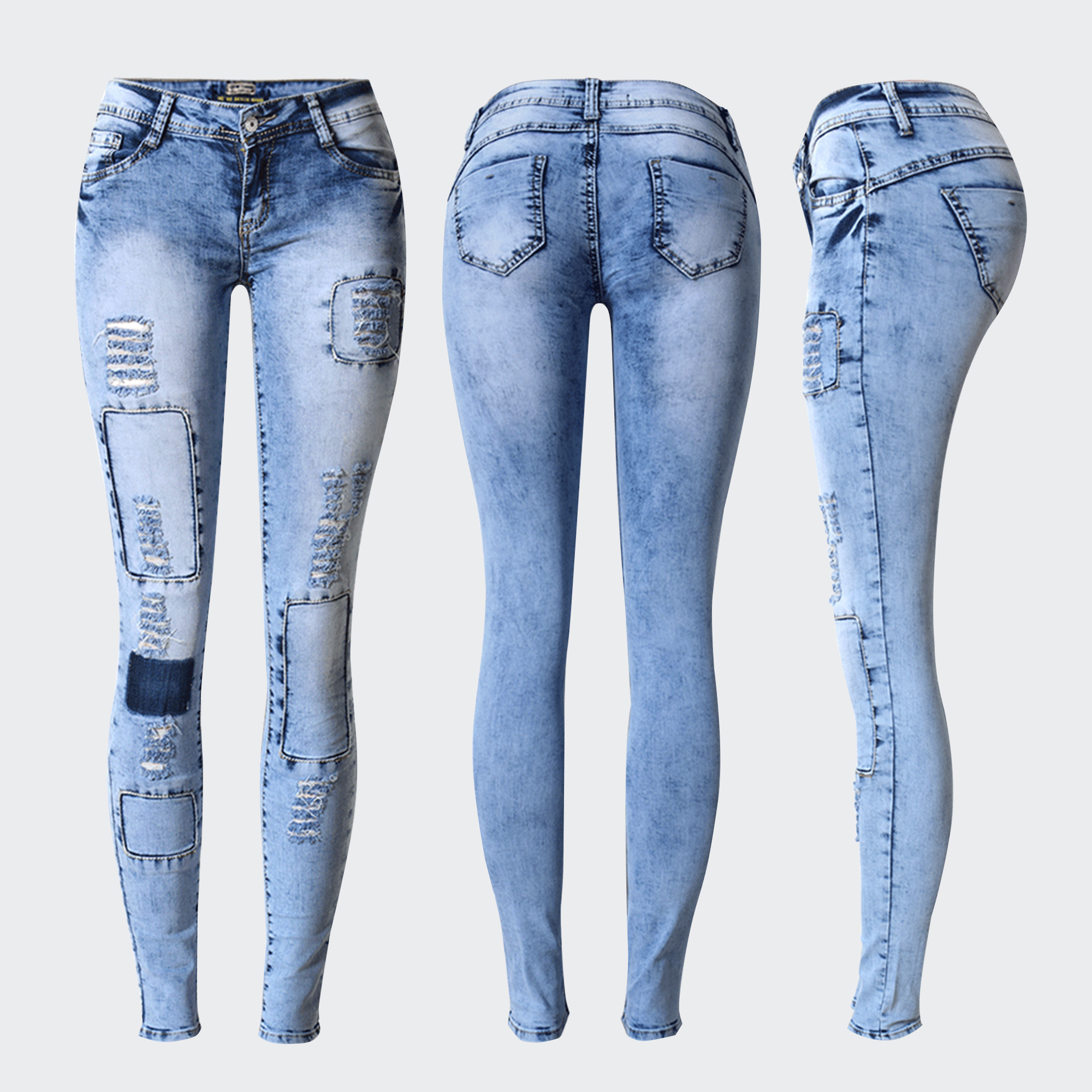 Europe and the United States popular slim pencil pants elastic denim ripped small foot pants show thin multi holes stick cloth t