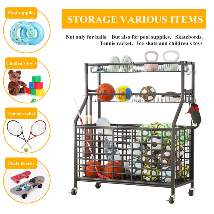 Heavy-Duty Sports Equipment Ball Basketball Storage Rack ,Storage Garage Organizer with Basket and Hooks