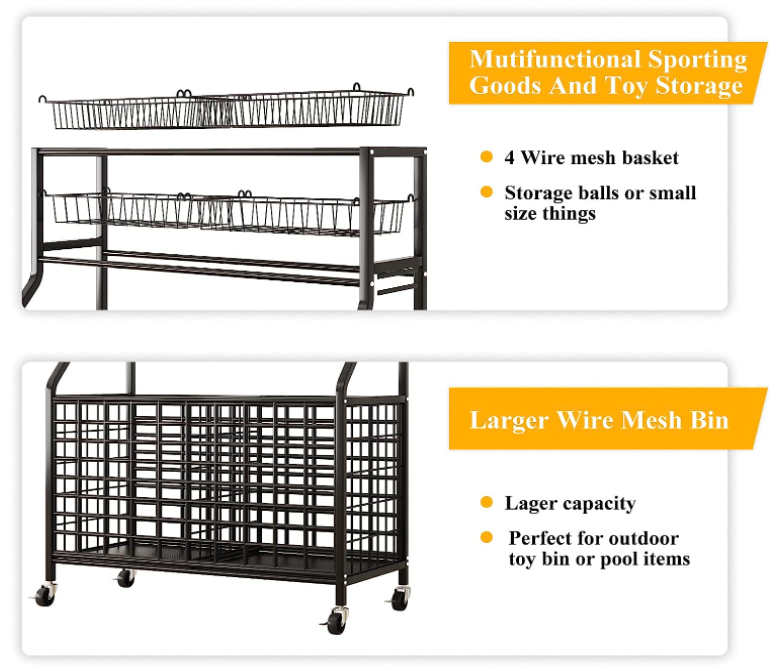 Heavy-Duty Sports Equipment Ball Basketball Storage Rack ,Storage Garage Organizer with Basket and Hooks