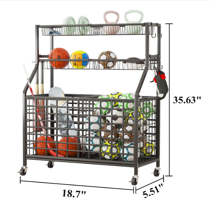 Sports Equipment Organizer Ball Storage Rack Sports Gear Storage Garage Organizer with Basket and Hooks