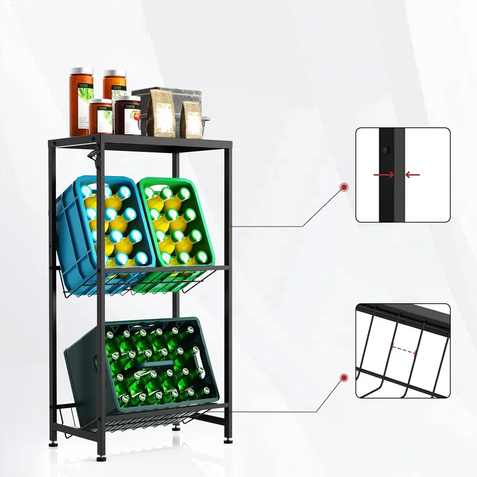 Drinks Crate Rack with Metal Mesh Holder, Shelves for Drinks Crates for 2 Crates, Small Drinks Shelf with Adjustable Feet