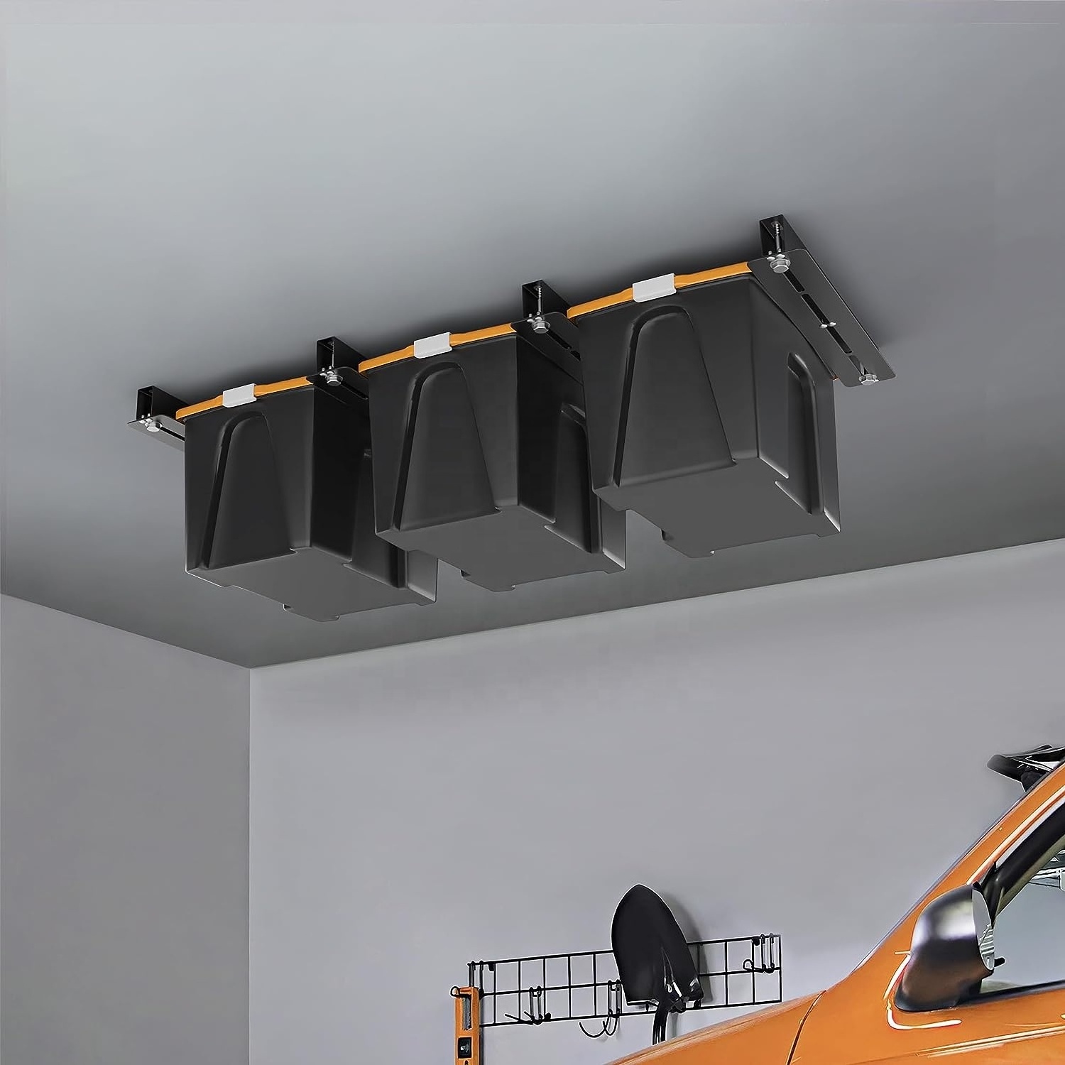 Overhead Garage Storage Bin Rack - Ceiling Bracket for Holding Gallon Tote - Organization Shelving and Track