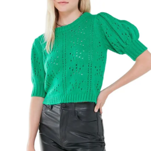 Custom Spring Green Puff Sleeve Knit Crop Top Women Sweater