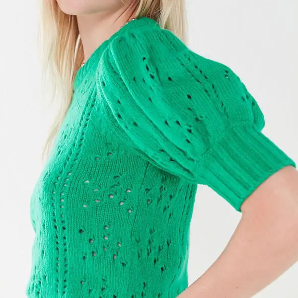 Custom Spring Green Puff Sleeve Knit Crop Top Women Sweater