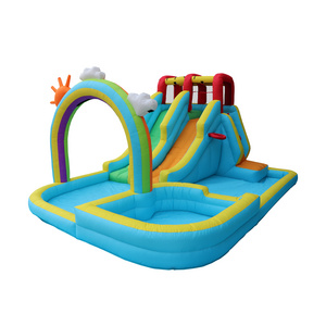 Inflatable Water Park With Dual Slide , Double Pool, Ring Sprinkler, Basketball, Rock Climbing And Blower