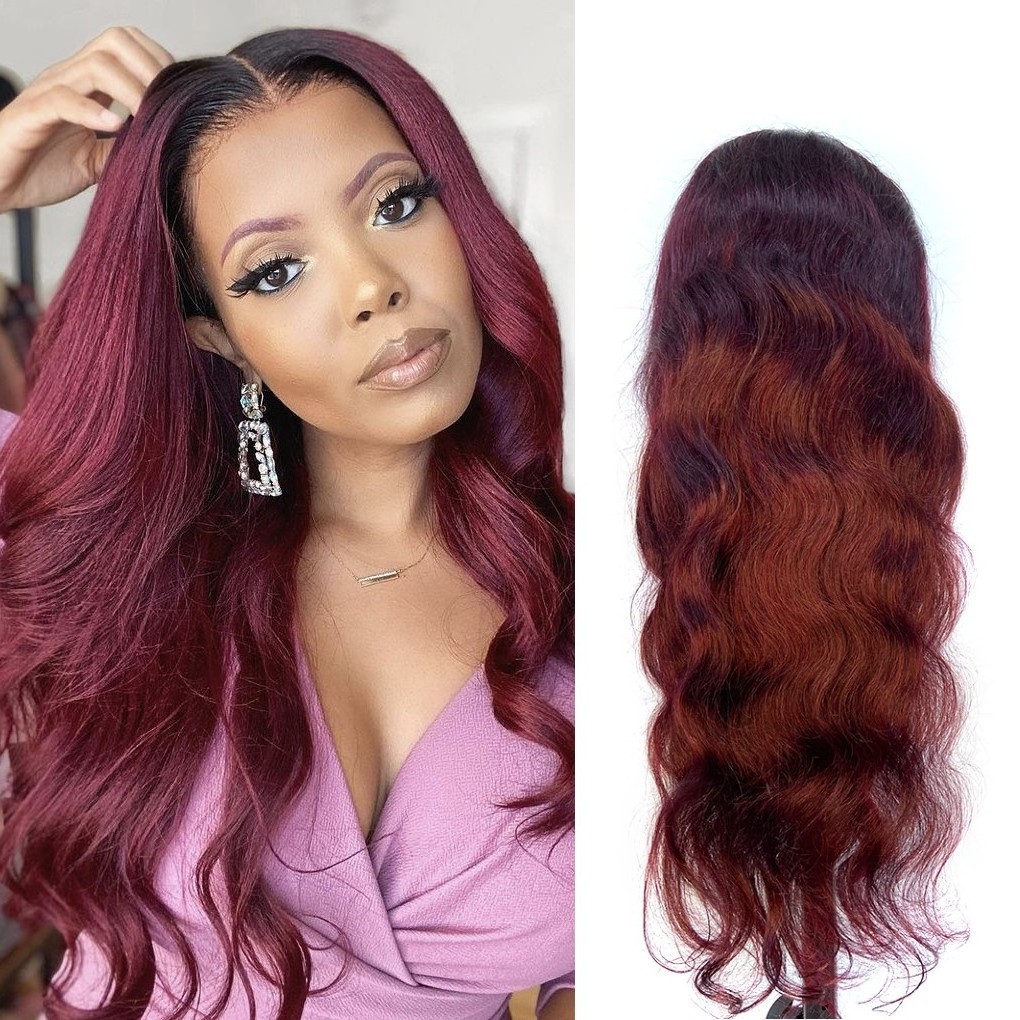 ZSF 1B 99j Red Burgundy Color Human Hair Wholesale Body Wave Lace Front Wig Brazilian Virgin Hair Wig With Baby Hair