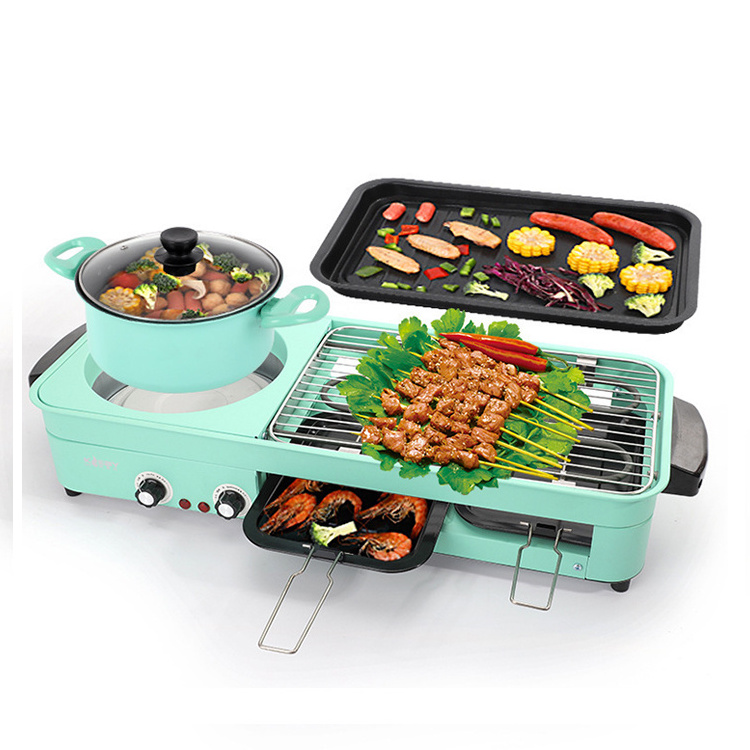 Wholesale OEM Non stick 1500w hotpot 2 in 1 square plate BBQ hot pot electric skillet Pan stainless steel griddle