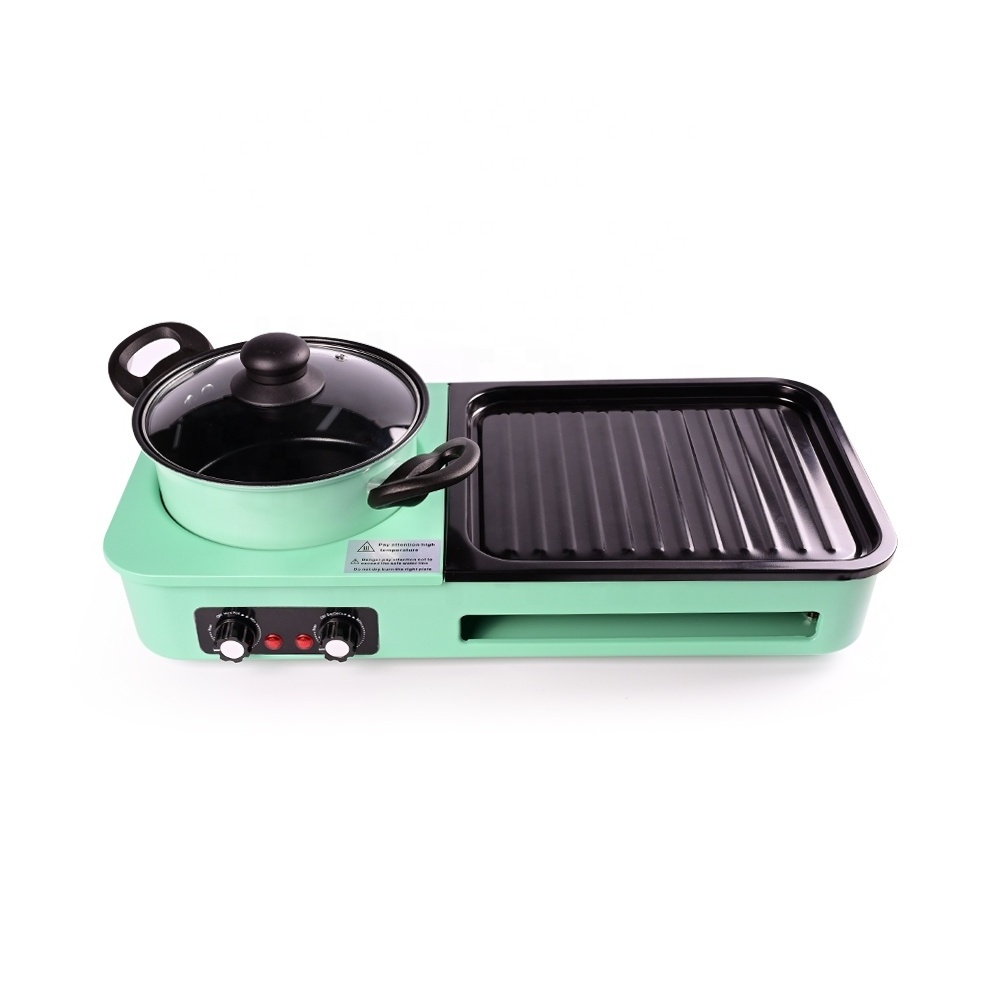 Wholesale OEM Non stick 1500w hotpot 2 in 1 square plate BBQ hot pot electric skillet Pan stainless steel griddle