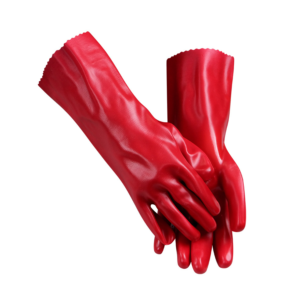 Wholesale Long Sleeved Red PVC Glove Acid Oil Chemical Resistant Double Dip Grip Safety Work Gloves