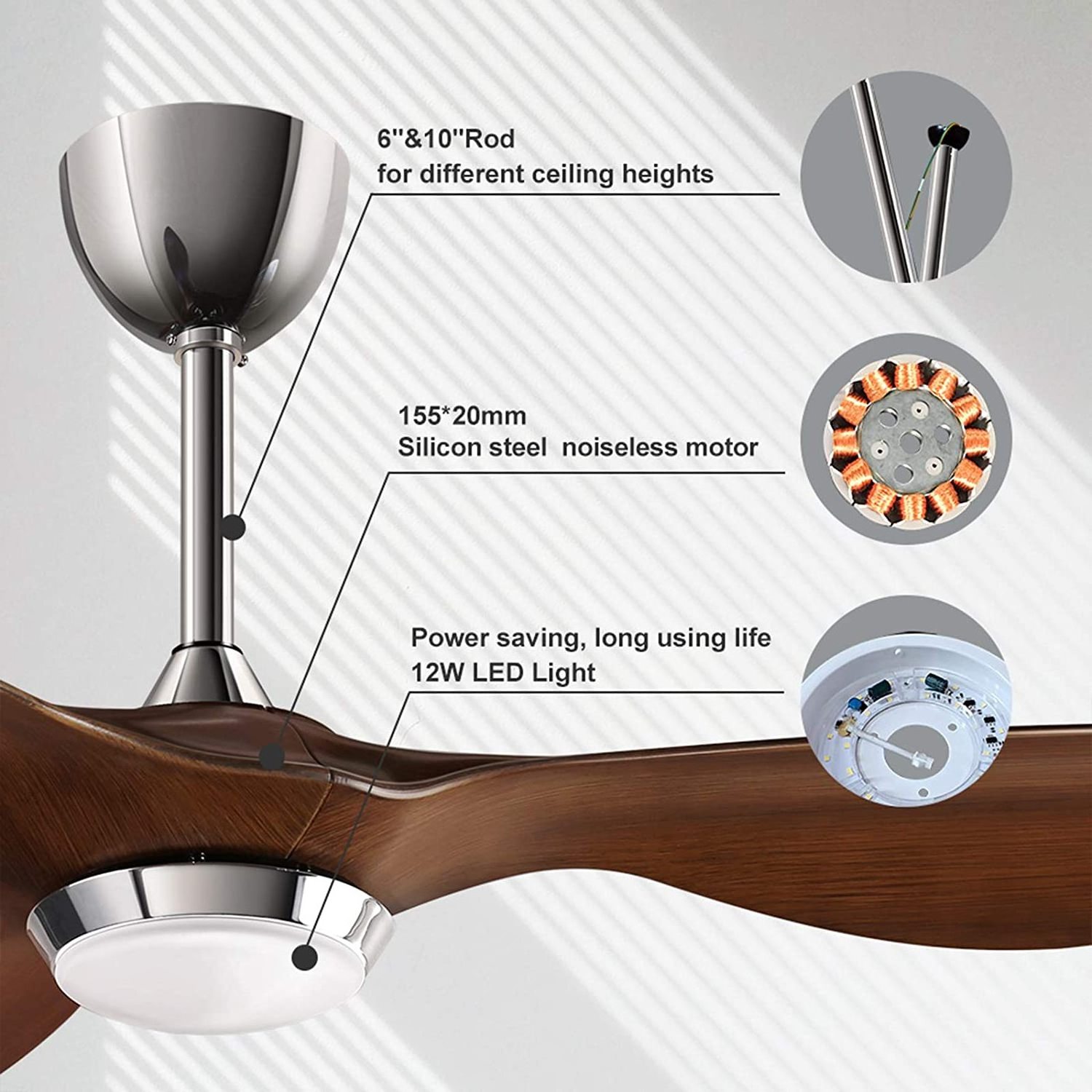 52 In Dimmable Remote Control Modern Blades Noiseless Reversible Motor 6 Speed Timer Ceiling Fan Light