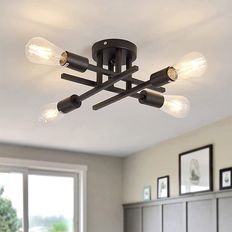 Semi Flush Mount Ceiling Light, Matte Black 4 Light Ceiling, Ceiling Lights for Farmhouse Kitchen Dining Room Bedroom Study