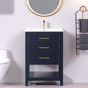 Modern Style 24"  Small Narrow Navy Blue Bathroom Vanity With Single Ceramic Basin Cultured Marble Vanity Bathroom