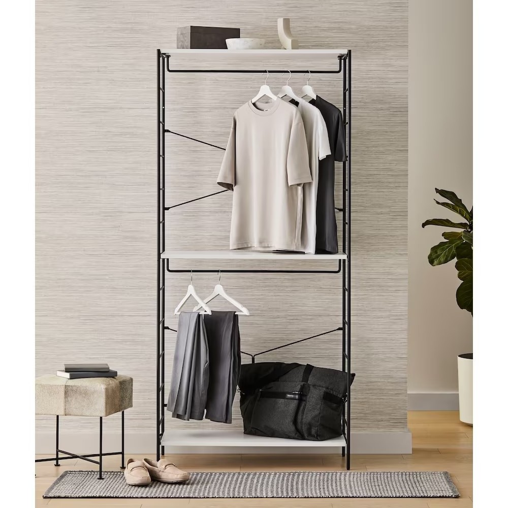 Wardrobes Metal Wooden Closets Adjustable Shelves 3-Tier Storage Rack Double Hang Rods Modular Closet Bedroom Closet