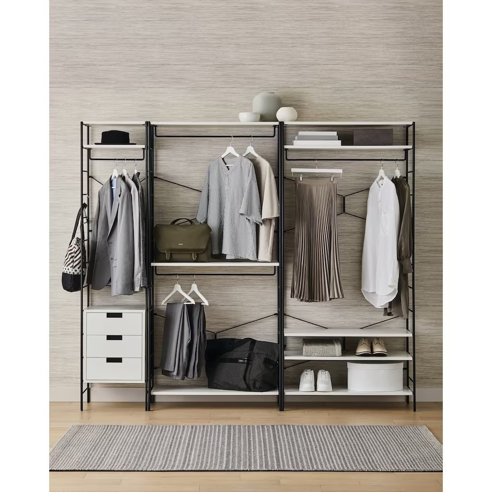 Wardrobes Metal Wooden Closets Adjustable Shelves 3-Tier Storage Rack Double Hang Rods Modular Closet Bedroom Closet