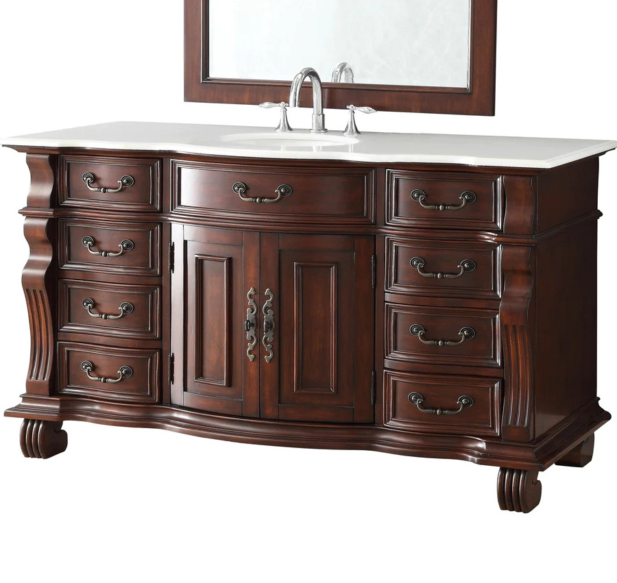 American Style Luxury Carve Patterns Floor 60 Inch Cherry Bathroom Cabinet Ceramic Nature White Marble Top Bathroom Vanities