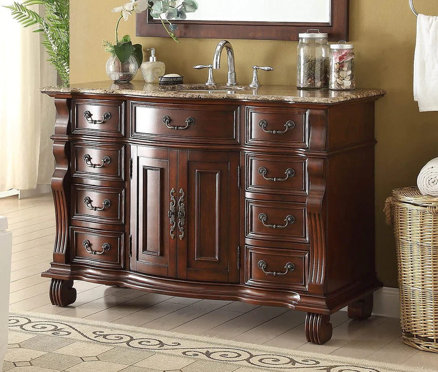 American Style Luxury Carve Patterns Floor 60 Inch Cherry Bathroom Cabinet Ceramic Nature White Marble Top Bathroom Vanities