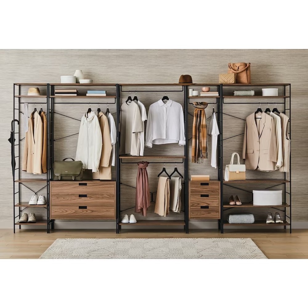 Metal Storage Racks Wood Closet Organizer Kit Five Shelves Storage Rack Hang Rod Multifunctional Storage Rack