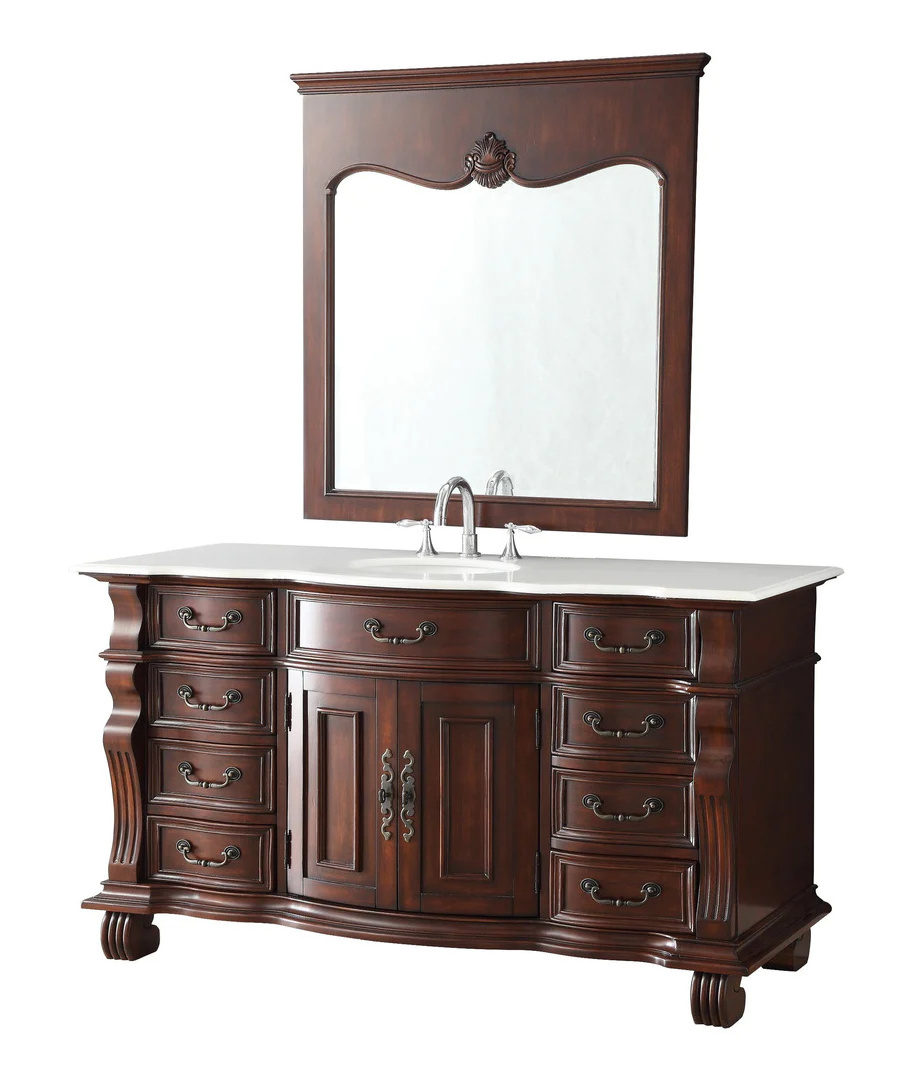 American Style Luxury Carve Patterns Floor 60 Inch Cherry Bathroom Cabinet Ceramic Nature White Marble Top Bathroom Vanities