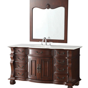 American Style Luxury Carve Patterns Floor 60 Inch Cherry Bathroom Cabinet Ceramic Nature White Marble Top Bathroom Vanities