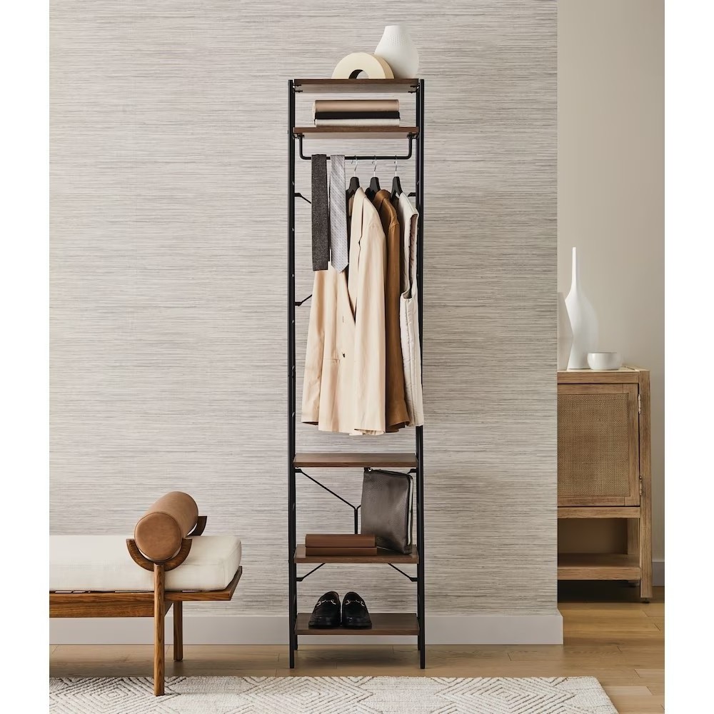 Metal Storage Racks Wood Closet Organizer Kit Five Shelves Storage Rack Hang Rod Multifunctional Storage Rack