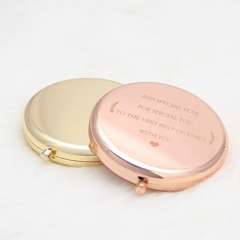 Custom Round Pink Metal Compact Cosmetic Mirrors Pocket Folding Rose Gold Mini Hand Held Magnifying Make Up Mirror