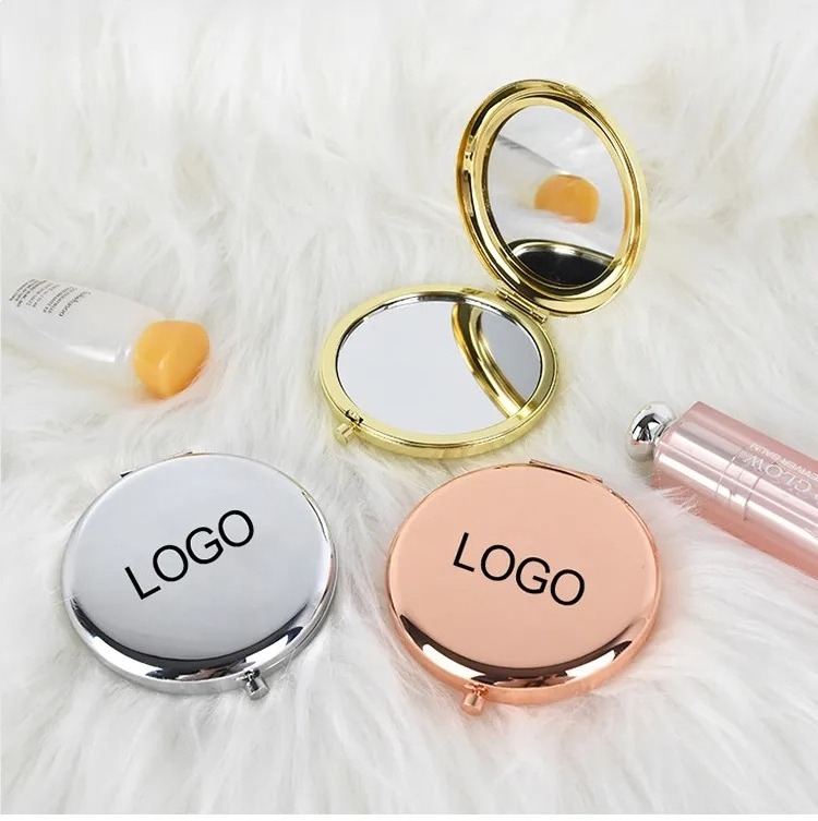 Custom Round Pink Metal Compact Cosmetic Mirrors Pocket Folding Rose Gold Mini Hand Held Magnifying Make Up Mirror