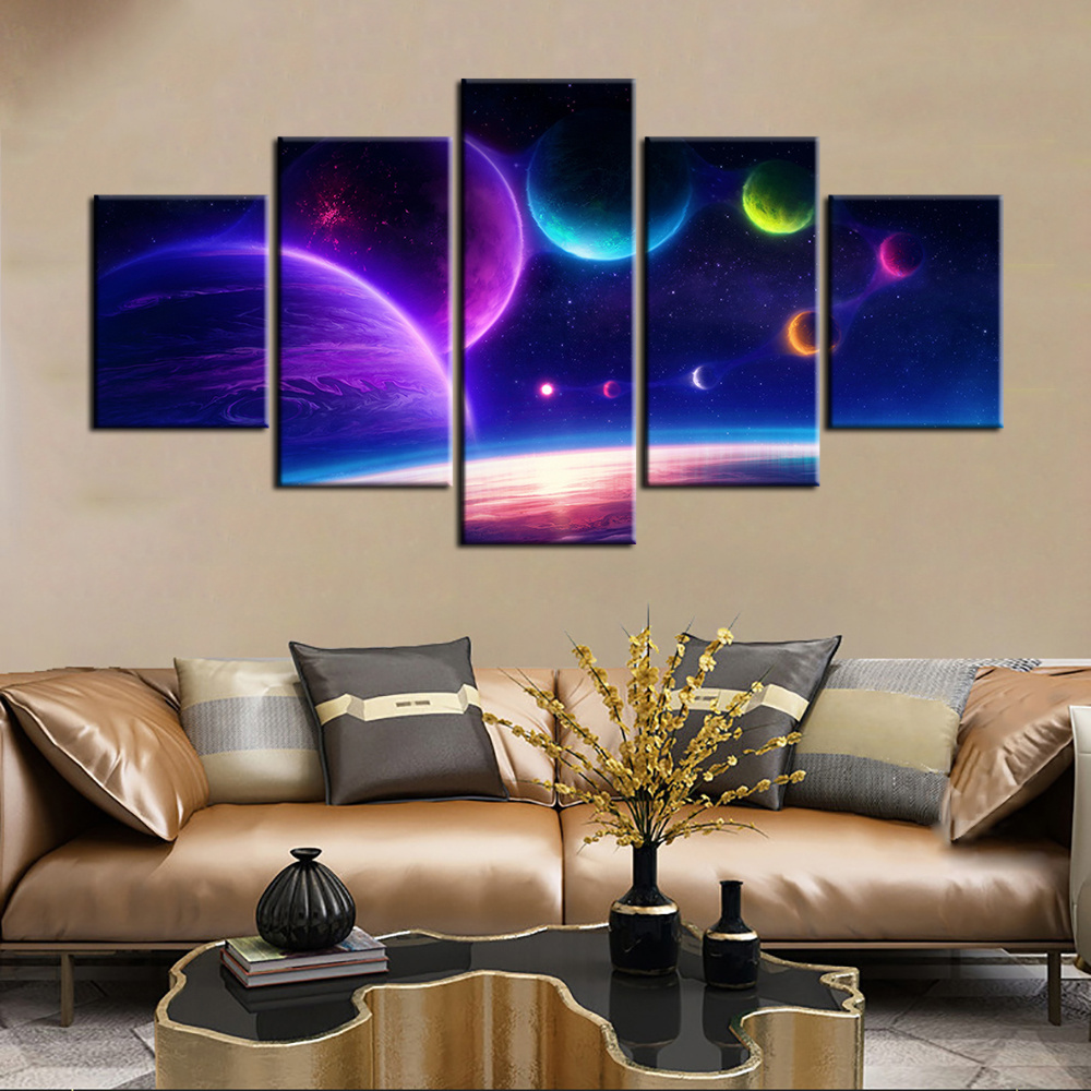 5 Pieces Fantasy Art Space Planet Oil Painting on Canvas Room Decor Wall Stickers Canvas Art Paints Home Decor Wall Art Murals