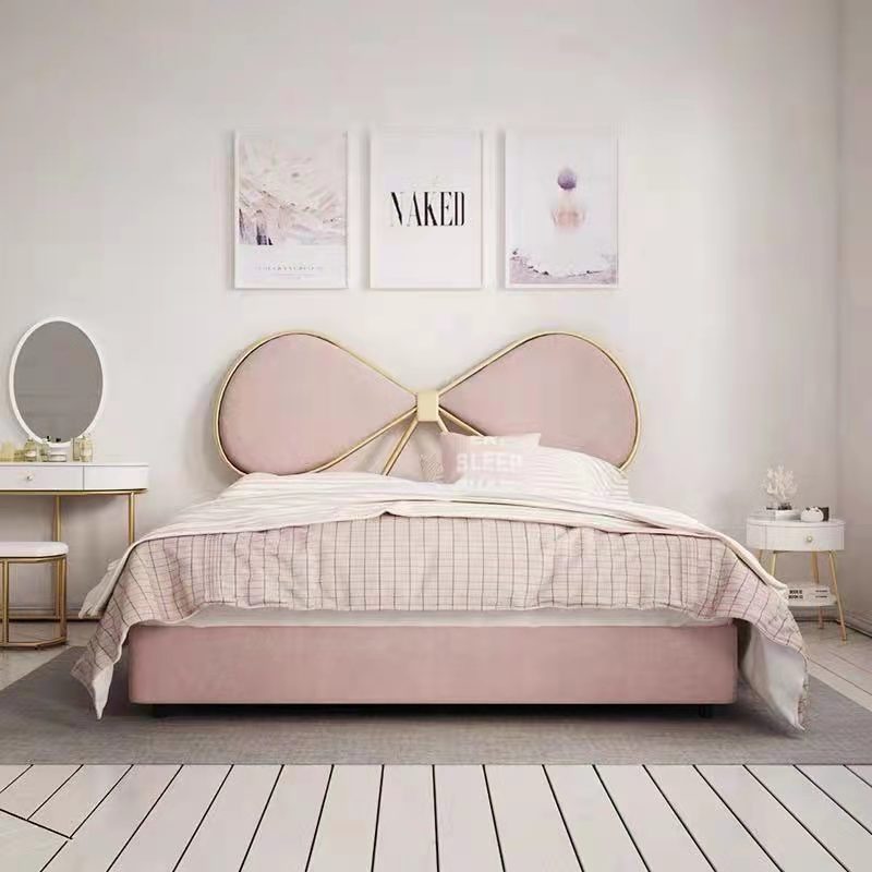 High quality light luxury pink high back  modern minimalist double bed