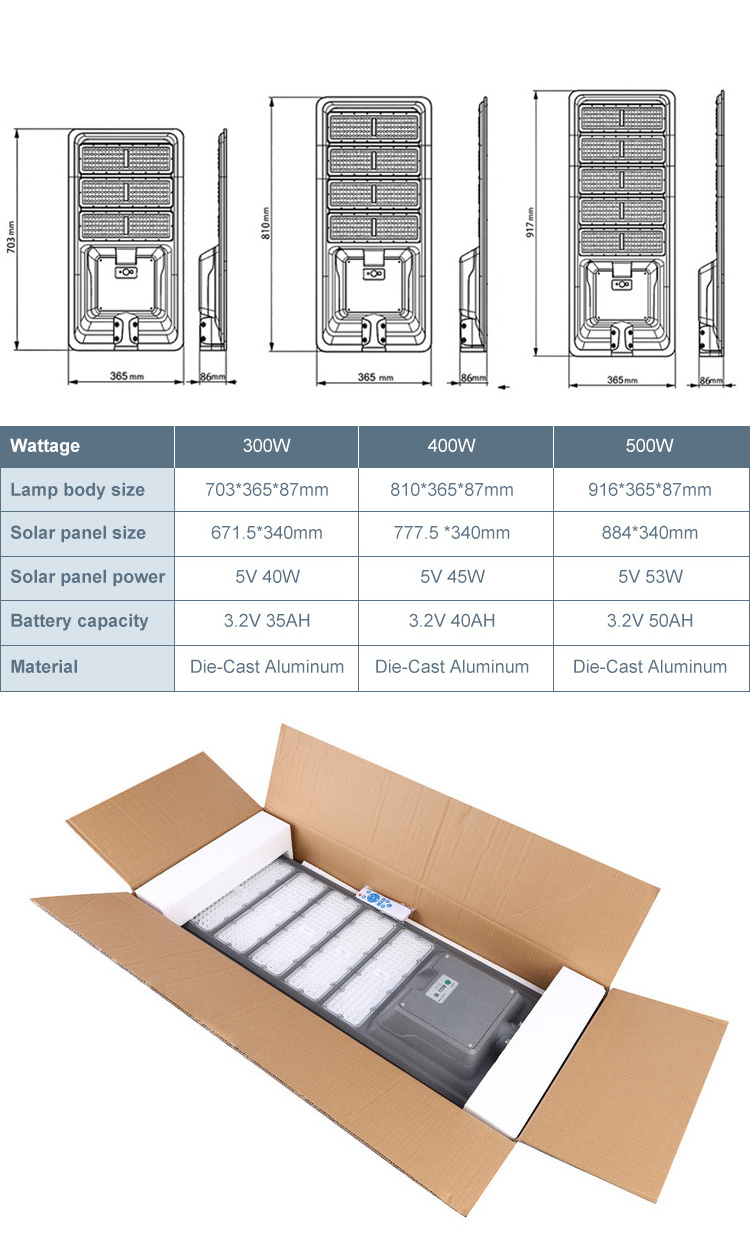 HOMBO Intelligent Remote Control Waterproof IP65 300w 400w 500w Outdoor All In One LED Solar Street Light