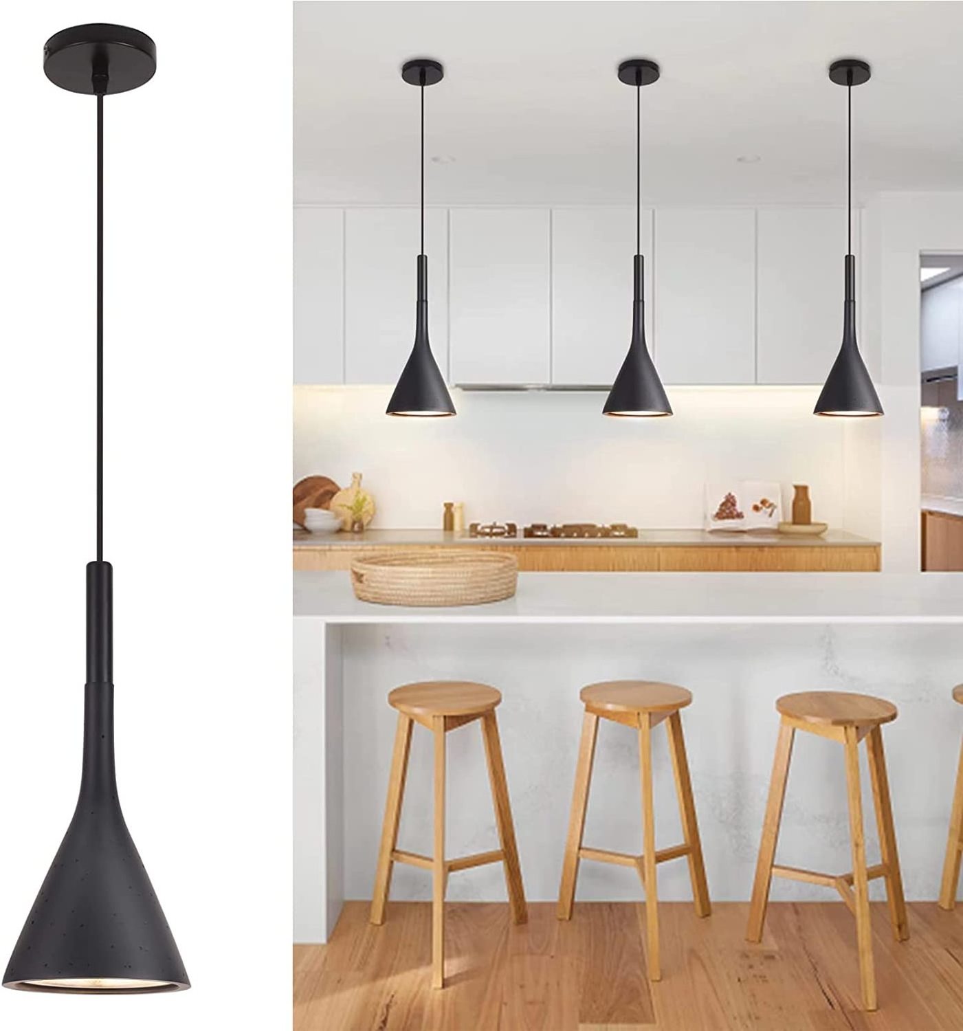 Black Modern Pendant Light Fixtures for Kitchen Island Dining Room Height Adjustable Mini Pendant Lamp Shade Kit Hanging Over Be