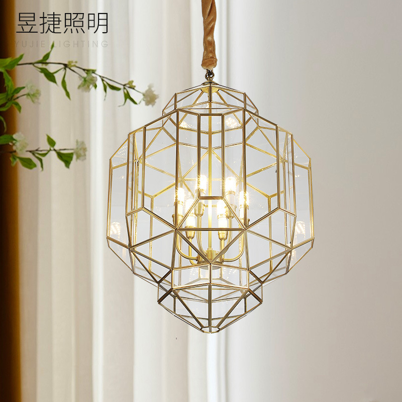 Creative living room dining room all copper simple glass staircase corridor decorative light new Chinese villa entry chandelier