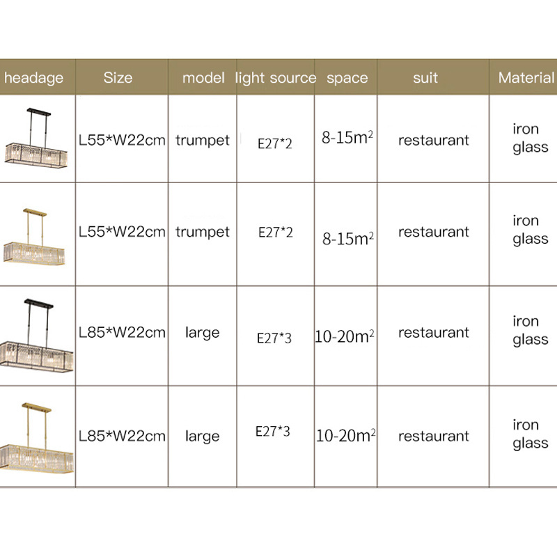 Led Crystal Chandelier For Dining Room Modern Rectangle Hanging Lamp Luxury Home Decor Lighting Fixture Gold/Black Kitchen Light