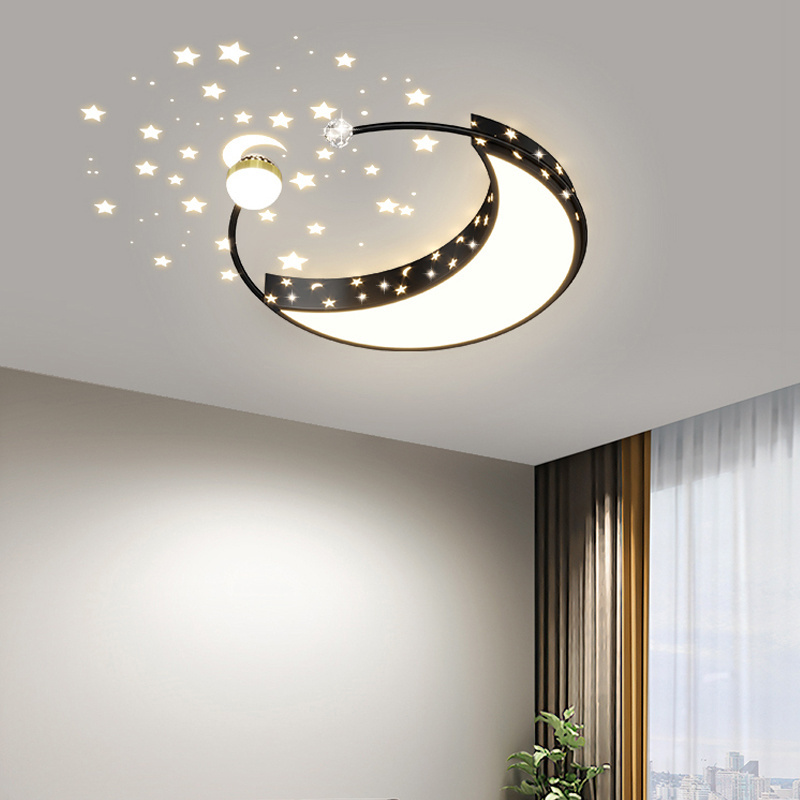 Golden Round Moon Led Ceiling Lights for Living Room Bedroom Children's Room Stars Ceiling Lamp Home Decor Lighting Fixtures