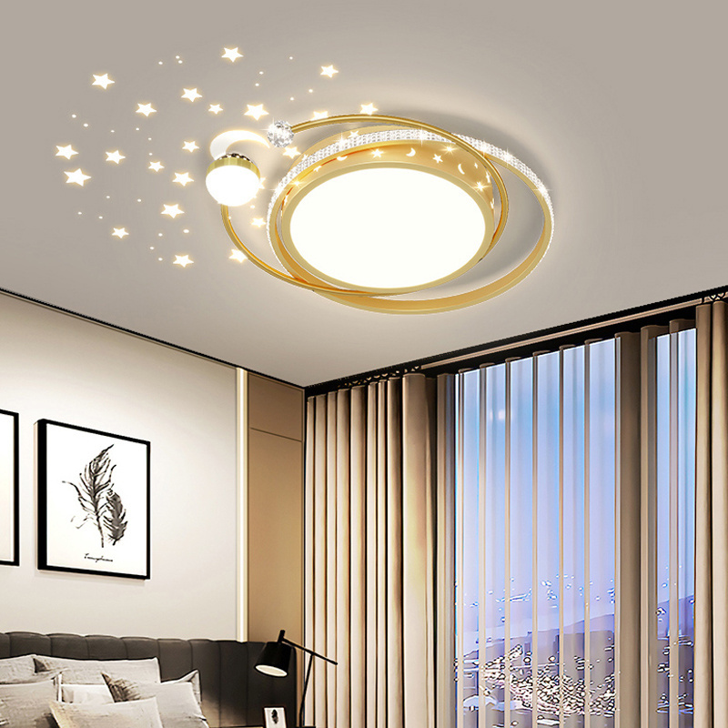 Golden Round Moon Led Ceiling Lights for Living Room Bedroom Children's Room Stars Ceiling Lamp Home Decor Lighting Fixtures