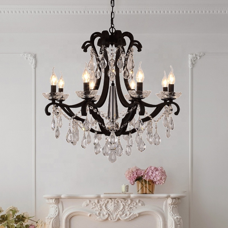 Rustic Iron Crystal Chandelier For Farmhouse Living Room Dining Kitchen Matte Black Led Candle Ceiling Pendant Lighting Fixture