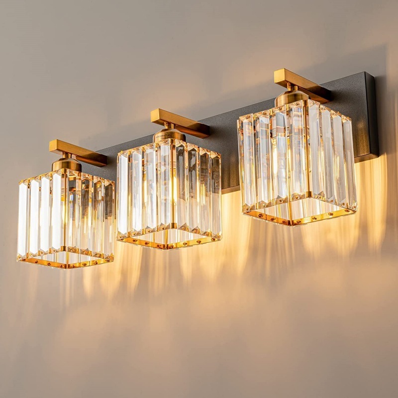 Modern Three Bulb Wall Lighting Crystal Bathroom Gold Vanity Light Fixtures For Bathroom