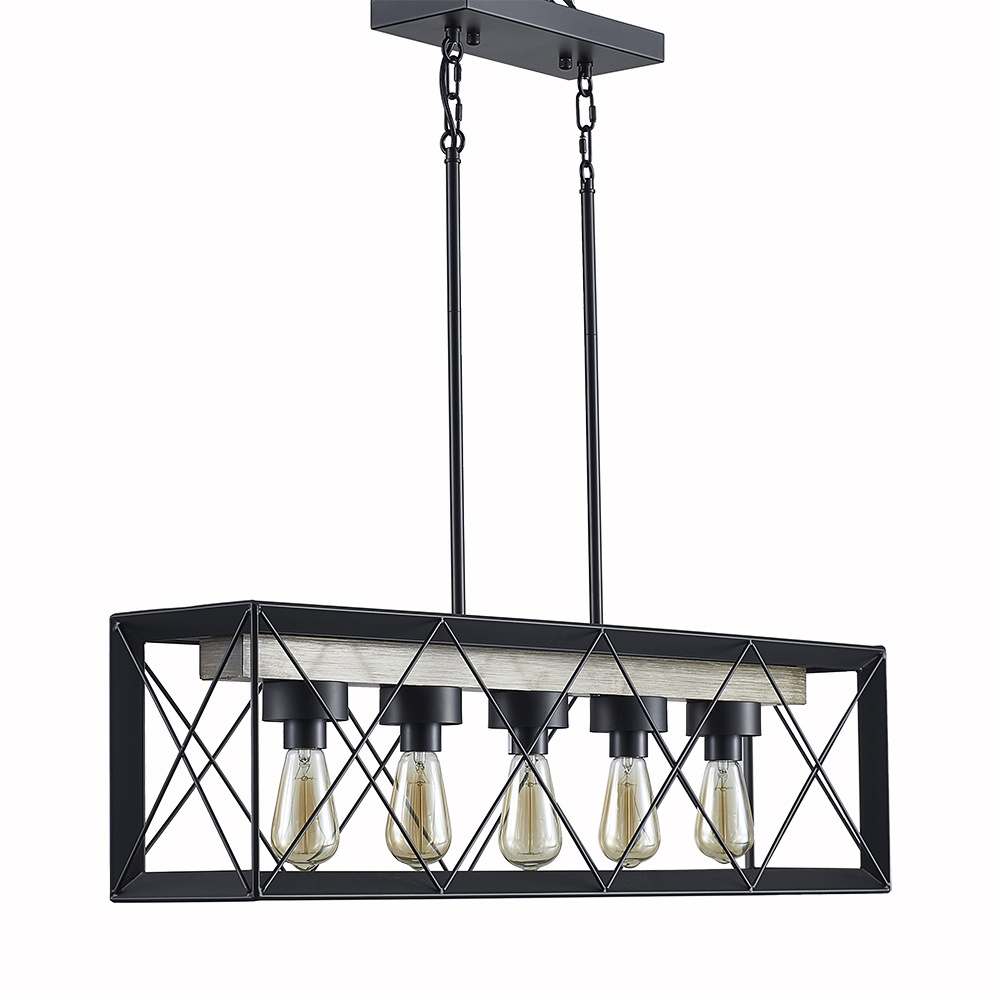 Farmhouse Industrial Light Fixture 5 Light Iron Black Rectangle Industrial Farmhouse Chandelier For Kitchen Island