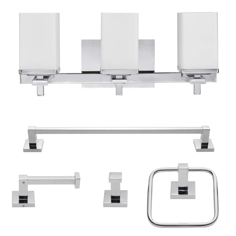 5-Piece All-in-One Bath Set/3-Light Vanity/Bar Towel Ring Robe Hook Toilet Paper Holder orb brushed nickle