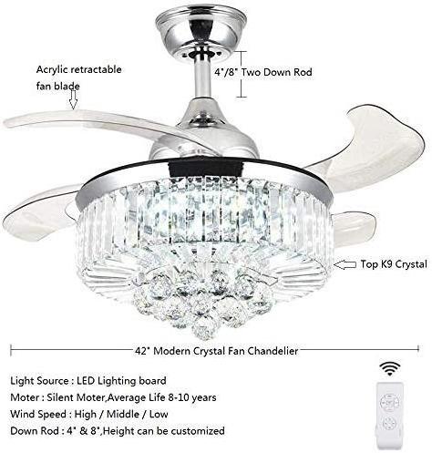 Crystal Ceiling Fan Light Invisible retractable blade fan chandelier 3-Color Change High light transmission LED Fan Lamp with Re