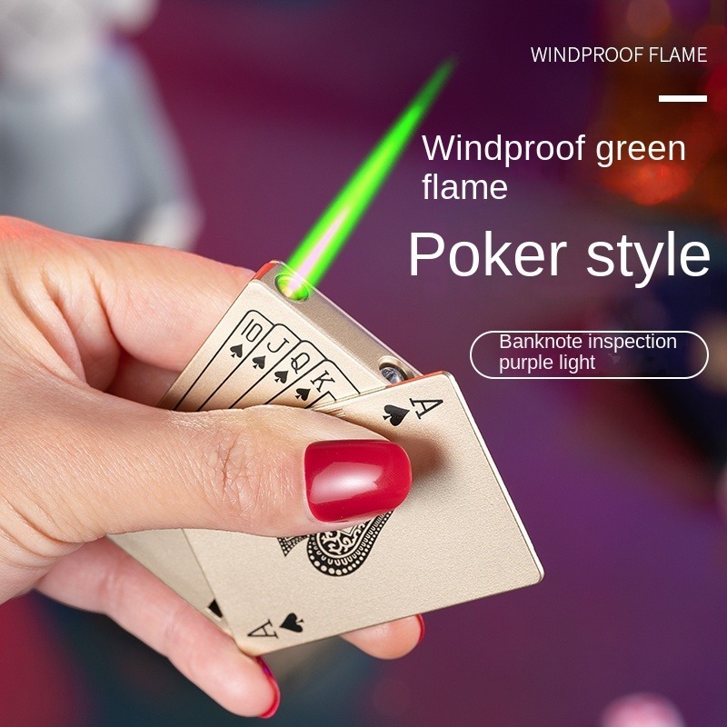 Durable using low price windproof refillable Butane custom logo Green Flame Ace Card poker shape Jet torch lighters