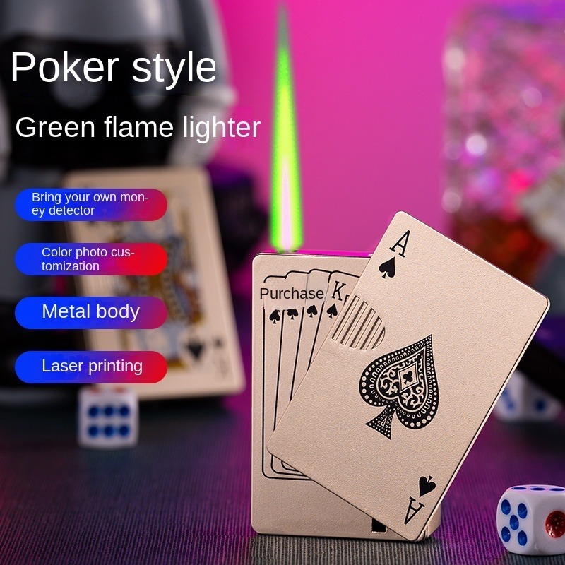 Durable using low price windproof refillable Butane custom logo Green Flame Ace Card poker shape Jet torch lighters