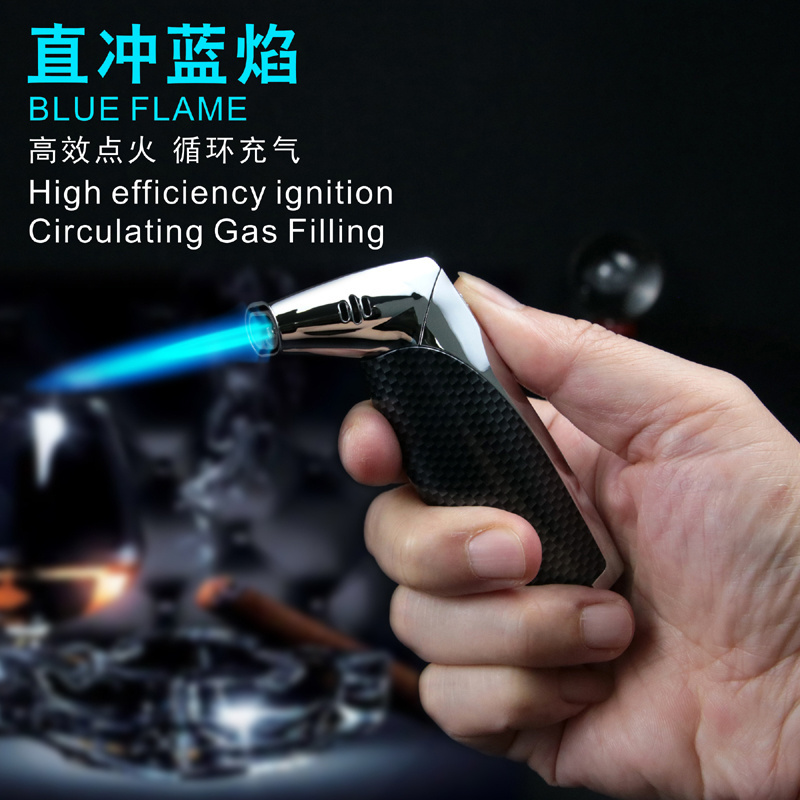 Windproof Double Fire Direct Blue Flame Black Fiber Cigar torch custom Lighter