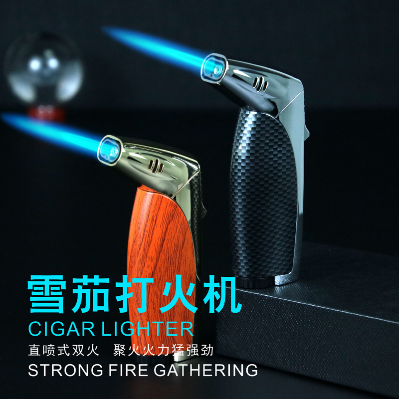 Windproof Double Fire Direct Blue Flame Black Fiber Cigar torch custom Lighter