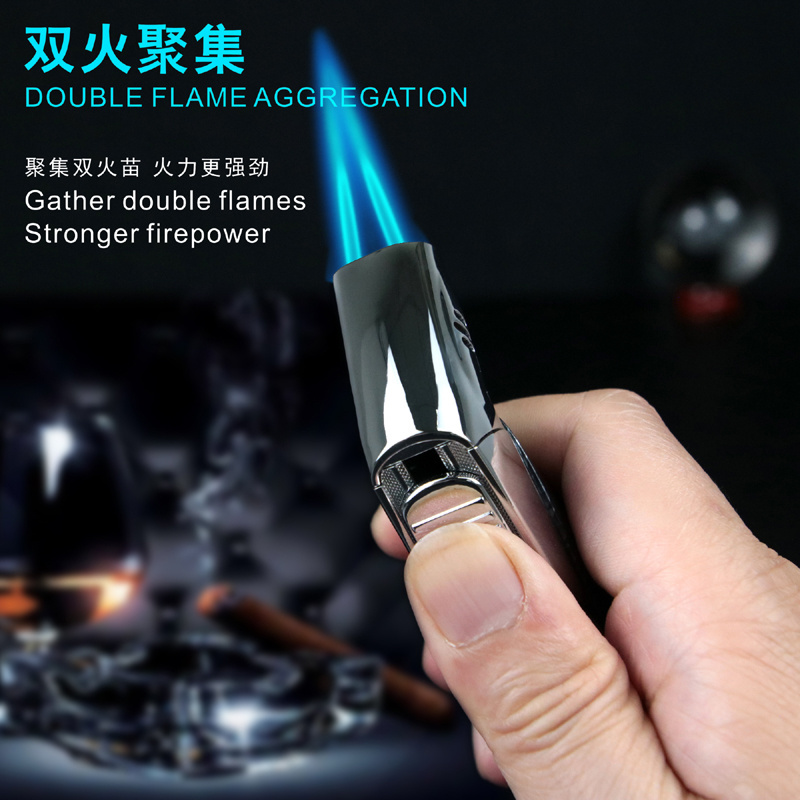 Windproof Double Fire Direct Blue Flame Black Fiber Cigar torch custom Lighter