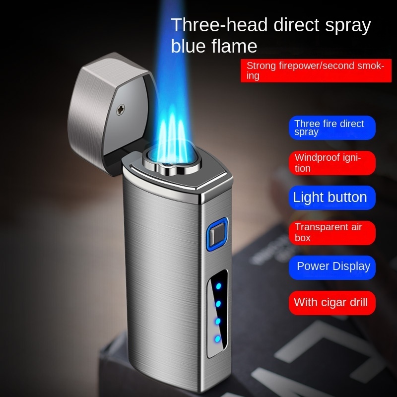 Factory offers attractive blue triple flame windproof lighters Classic logo cigar  lighter torch