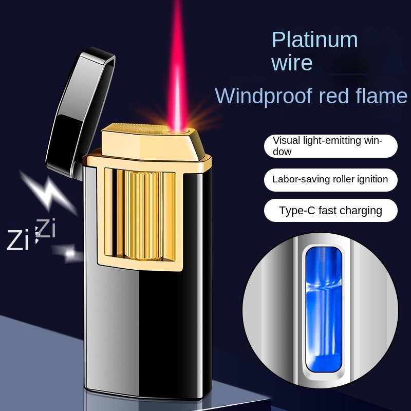 Metal creative straight red flame perspective air window inflatable roller windproof lighter