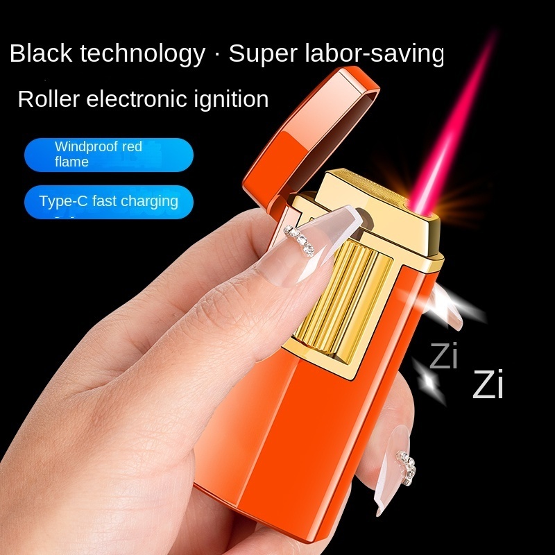 Metal creative straight red flame perspective air window inflatable roller windproof lighter