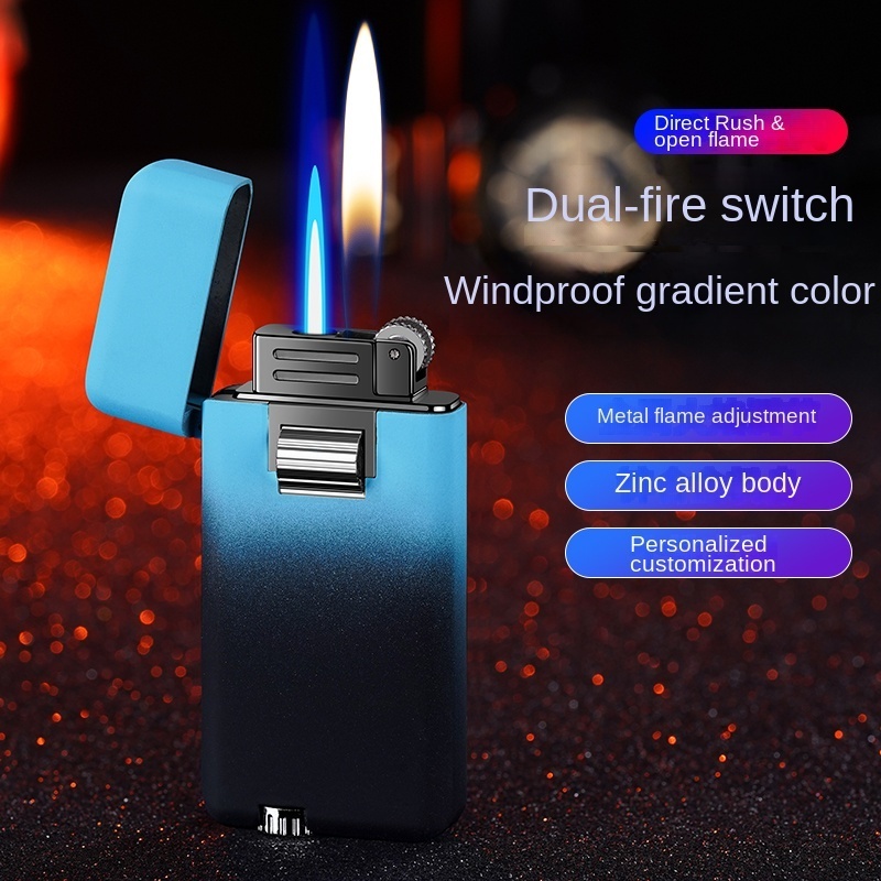 New Open Flame Direct Blue Flame Double Fire Switching Windproof Outdoor Kitchen Cigarette Lighter